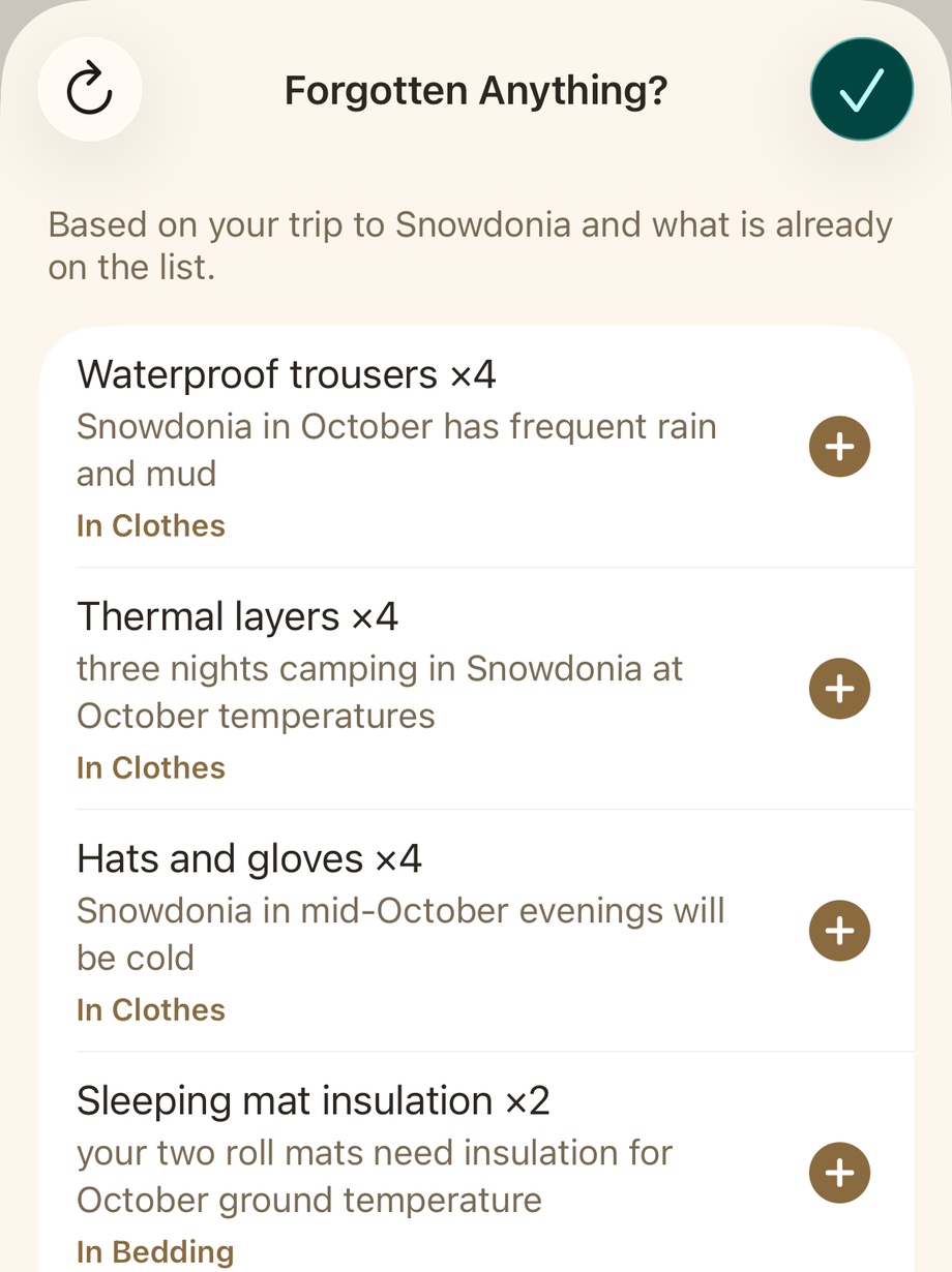The Forgotten Anything? sheet for a camping trip in Snowdonia, suggesting waterproof trousers, thermal layers, hats and gloves, and sleeping mat insulation, each with the reason and the group it would go in.