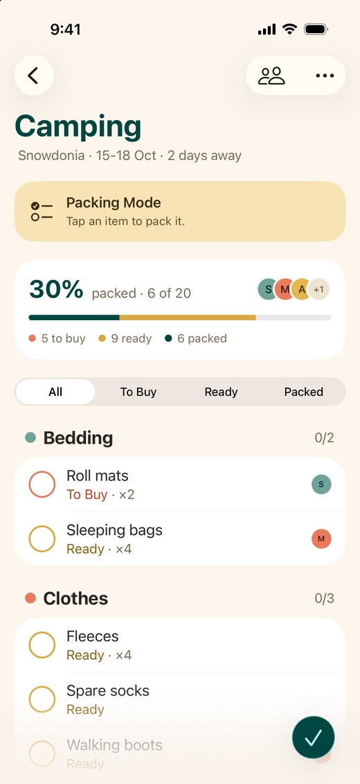 The same Camping trip in the iPhone app, in packing mode.