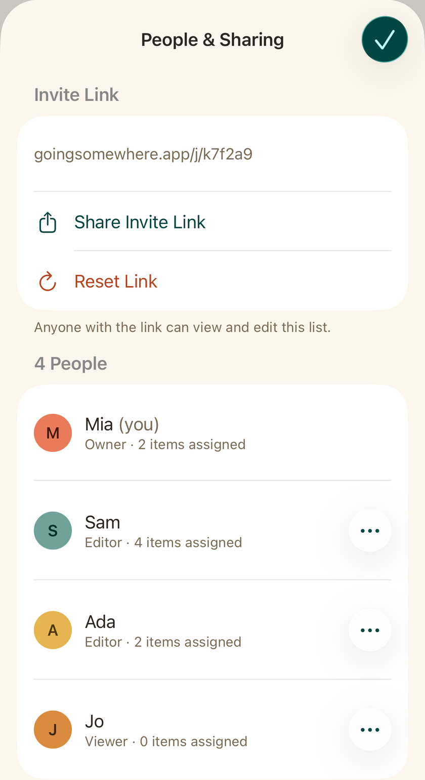The People & Sharing sheet for a camping trip: an invite link with Share and Reset, and four people — Mia (you), the owner; Sam and Ada, editors; and Jo, a viewer — with how many items each is assigned.