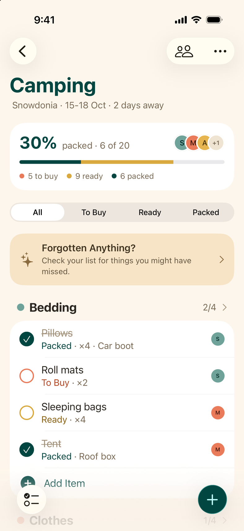 The Going Somewhere app on iPhone showing a camping trip in Snowdonia: 30% packed with 5 to buy, 9 ready and 6 packed, and a Bedding group with pillows, roll mats, sleeping bags and the tent.