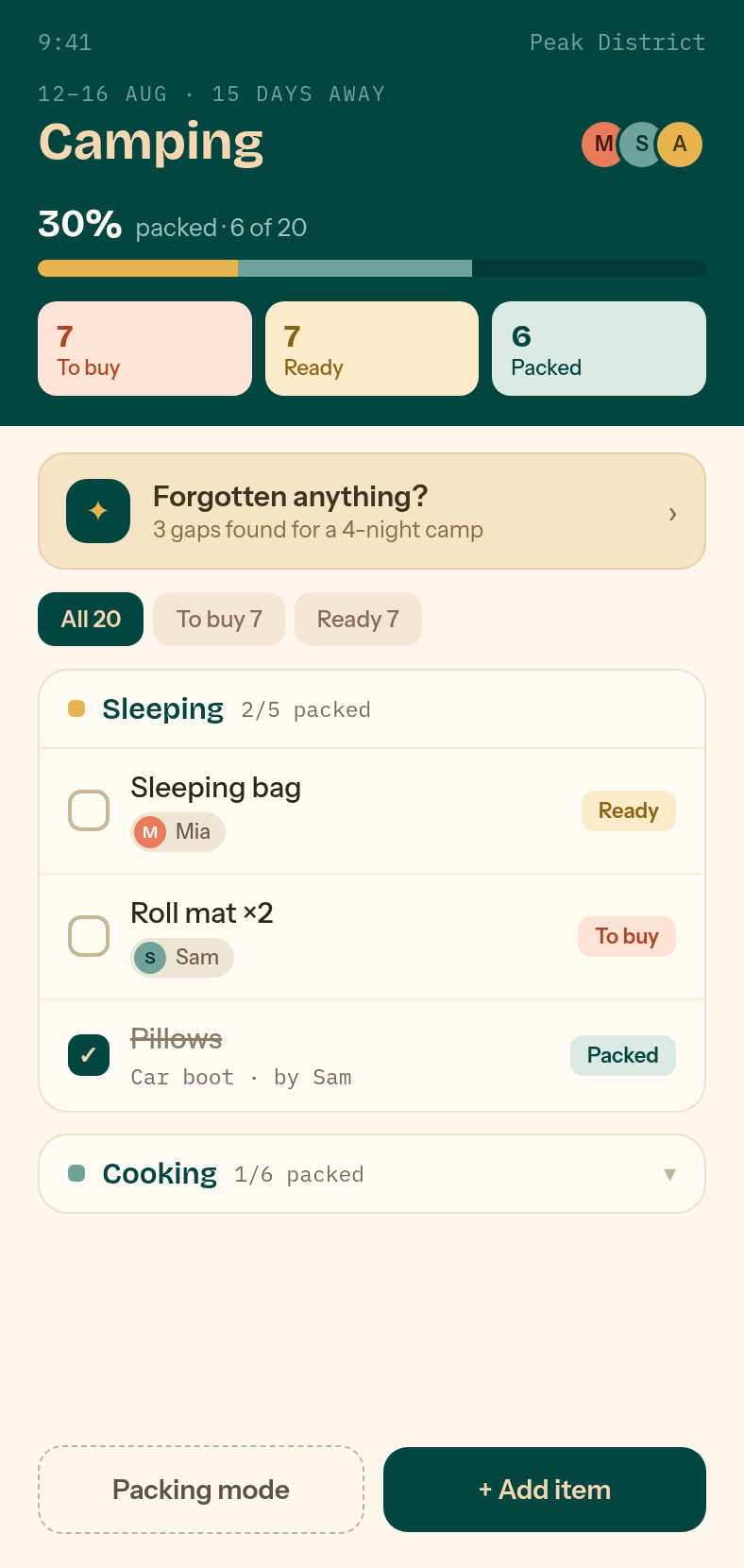 The Going Somewhere app showing a camping trip: 30% packed, 7 to buy, 7 ready, 6 packed, and a Sleeping group with a sleeping bag, roll mats and pillows.