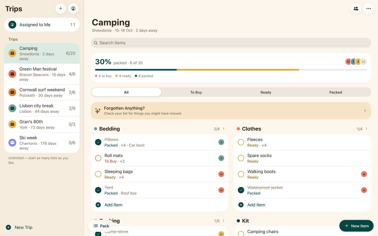 The Going Somewhere web app in a browser: the trips sidebar on the left and the Camping trip open beside it, 30% packed, with its Bedding and Clothes groups.